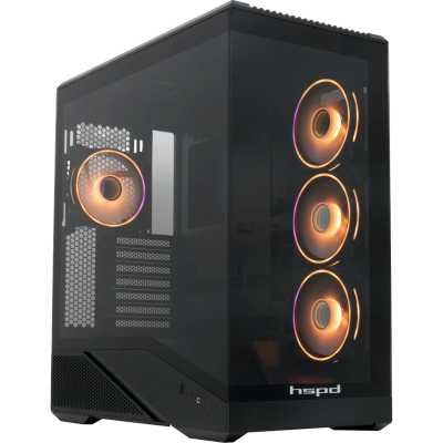 Компьютерный корпус без блока питания HSPD F711-TGbK-ARGB, Panoramic Full Tower, черный, TG, 0.7 SPCC, 4x120мм ARGB ATX, mATX, mITX 190/420/280мм 2x2.5", 2x3.5", 7xPCI 1xUSB-A 3.0, 1xUSB-C 445x235x475мм