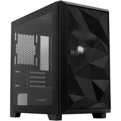Компьютерный корпус без блока питания HSPD M340, Mesh Mid Tower, черный, TG, 0.5 SPCC, no fans, mATX, mITX, 165/350/200мм, 2x2.5", 2x3.5", 4xPCI, 1xUSB-A 3.0, 2xUSB-A 2.0, 415x220x410мм