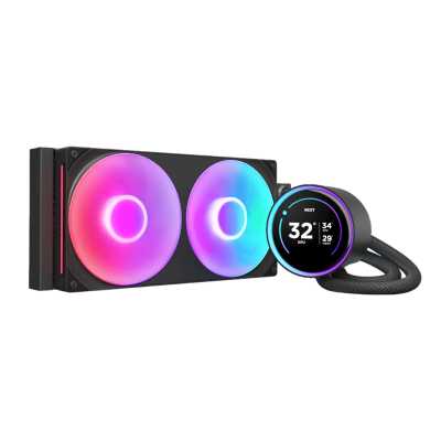 Система жидкостного охлаждения для ПК/Water Cooling System NZXT Kraken Elite 280 RGb (250W, 280мм, LED temp., Black/Fans: 2x140мм, 98.61CFM, 34.5dBA, 2000RPM/Pump height 65мм, 2800RPM, Rad thickness 27мм/S: 1851, 1700, 1200, 115X, AM5, AM4)