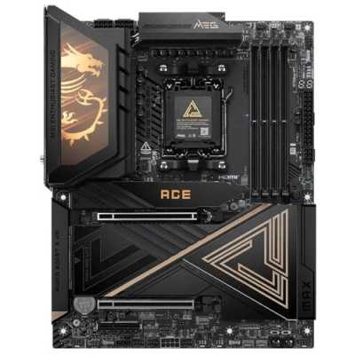 Материнская плата MSI MEG X870E ACE MAX, AM5, AMD X870E, 4xDDR5 (до 256 ГБ), 4xSATA, 5xM.2 (2xPCIe 5.0, 3xPCIe 4.0), 2xPCIe 5.0 x16, 1xPCIe x4, 1xHDMI, 1x5Gb LAN, 1x10Gb LAN, Wi-Fi 7, Bluetooth 5.4, 2xUSB-C 40Gbps (USB4), 2xUSB-C 20Gbps, 2xUSB-A 10Gbps, 7