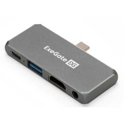 USB-концентратор 5-в-1 ExeGate DUB-31C/PD/HA (кабель-адаптер USB Type-C --> 1xUSB3.0 + Type-C DATA (480Mb/s) + PD 100W + HDMI 4K@30Hz + Audio, Plug&Play, подходит для iPad Pro и мобильных телефонов, серый)