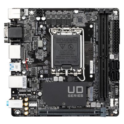 Материнская плата Gigabyte H610I, LGA 1700, Intel H610, 2xDDR5, 4xSATA, 1xM.2, 1xPCIe 4.0 x16, 1xHDMI, 1xVGA, 2xDP, 1x 1Gb LAN, 2xUSB-A 3.2 Gen 1, 4xUSB-A 2.0, 3x 3.5 мм, 7.1, Mini-ITX
