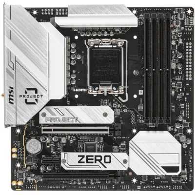 Материнская плата MSI B760M PROJECT ZERO,(Обратное подключение разъемов) LGA 1700, Intel B760, 4xDDR5, 4xSATA, 2xM.2, 1xPCIe 5.0 x16, 1xPCIe 4.0 x4, 1xPCIe x1, 1xHDMI, 1xDP, 3xUSB 3.2 Gen 2, 4xUSB 2.0, 1xUSB 3.2 Gen 2x2, 1x 2.5Gb LAN, 5x3.5 мм, 7.1, mATX