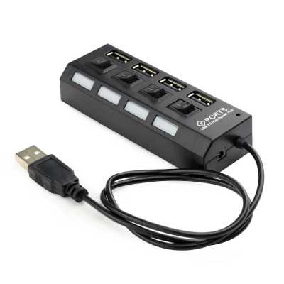 Разветвитель USB2.0 Gembird 4xUSB, блок питания 2А, подсветка и выкл, кабель USB 55 см, черный