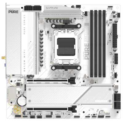 Материнская плата Sapphire 52123-02-40G B850M PURE WIFI B850, AM5, 4*DDR5, 2*PCIEx16, 2*M.2, 2*TypeC, 3*USB3.2Gen2, 2*USB3.2Gen1, 6*USB2.0, 4*SATA3.0, 2.5G, DP, HDMI, M-ATX, RTL