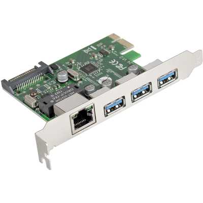 Контроллер сетевой ExeGate EXE-361 PCI-E 2.0, 3*USB 3.0 ext + LAN UTP 1000Mbps, раз.доп.пит.OEM)