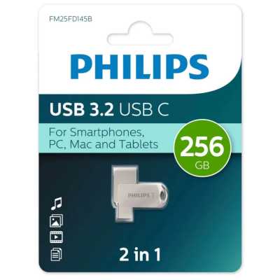 Флешка USB 256Gb PHILIPS 2-in-1 USB 3.2 USB C, OTG, USB 3.2/Type-C, Металл, 100 Mb/s