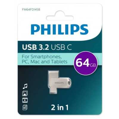 Флешка USB 64Gb PHILIPS 2-in-1 USB 3.2 USB C, OTG, USB 3.2/Type-C, Металл, 100 Mb/s