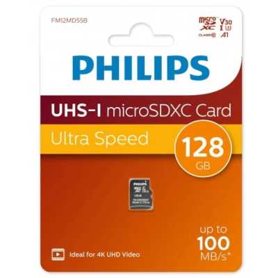 Флеш карта microSD 128Gb PHILIPS High Speed microSDHC Class UHS-I U3, V30, A1, 100Mb/s