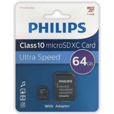 Флеш карта microSD 64Gb PHILIPS microSDHC Class 10 (SD адаптер)