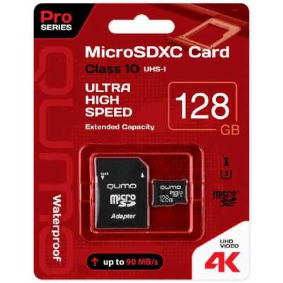Флеш карта QUMO MicroSDXC 128 Gb 90/70 МБ/с UHS-I U3, Pro seria 3.0 , адаптер в комплекте SD, красная картонная упаковка