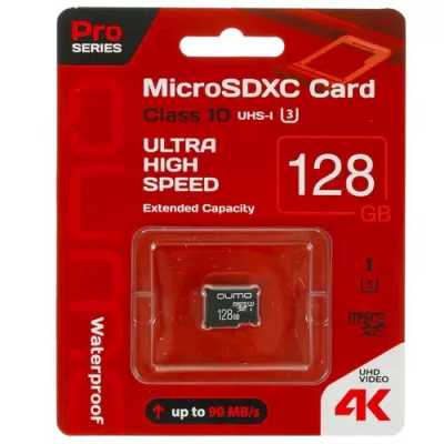Карта памяти QUMO MicroSDXC 128GB 90/70 МБ/с UHS-I U3, 3.0 без адаптера SD, красная картонная упаковка (QM128GMICSDXC10U3NA)