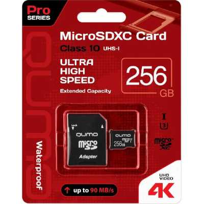Флеш карта QUMO MicroSDXC 256 Gb 90/70 МБ/с UHS-I U3, Pro seria 3.0, адаптер в комплекте SD, красная картонная упаковка (QM256GMICSDXC10U3)