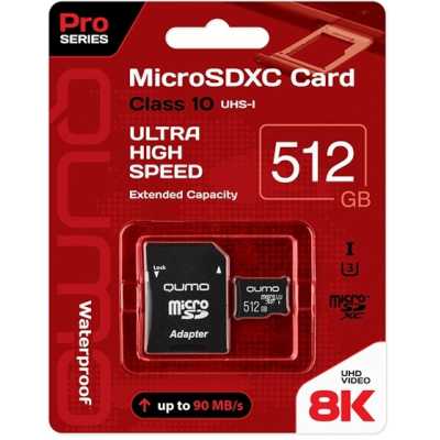 Флеш карта QUMO MicroSDXC 512 Gb 90/80 МБ/с UHS-I U3, Pro seria 3.0, адаптер в комплекте SD, красная картонная упаковка