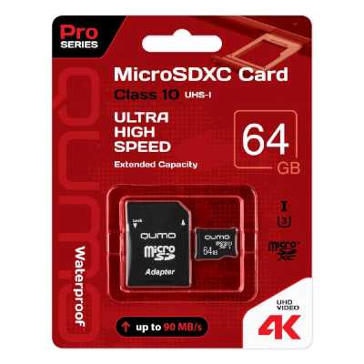 Флеш карта QUMO MicroSDXC 64Gb 90/45 МБ/с UHS-I U3, Pro seria 3.0, адаптер в комплекте SD, красная картонная упаковка