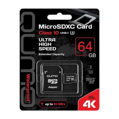 Флеш карта QUMO MicroSDXC 64Gb Class 10 UHS-I U3 черный adp