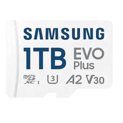 Флеш карта Samsung EVO Plus, microSDXC 1Tb, Class 10, A2, V30, UHS-I (U3), W 90 МБ/с, R 160 МБ/с, адаптер на SD