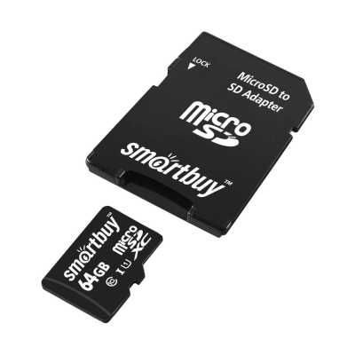 Флеш карта Smartbuy MicroSDHC 64Gb Class10 + адаптер(Флеш карта Smartbuy microSDHC 64Gb Class 10 SB64GbSDCL10-01 + adapter; SB64GbSDCL10-01; черный)