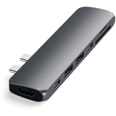 USB-хаб Satechi Aluminum Pro Hub для Macbook Pro (USB-C). Порты: HDMI, Thunderbolt 3, USB Type-C, SD, microSD, 2 x USB 3.0. Цвет серый космос.