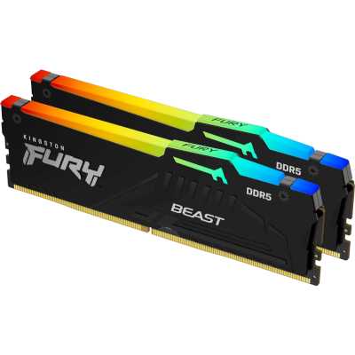 Оперативная память Kingston Fury Beast Black RGB, DDR5, 64Gb (2x32 Gb), 5200 MHz, CL40, радиатор, RGB, черный