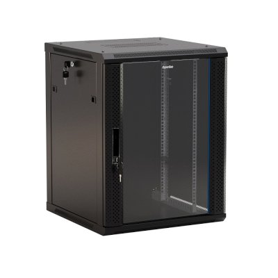 Шкаф настенный Hyperline TWB-0645-GP-RAL9004 19-дюймовый (19"), 6U, 367 x 600 х 450 мм, стеклянная дверь с перфорацией по бокам, ручка с замком, черный (RAL 9004) (разобранный)