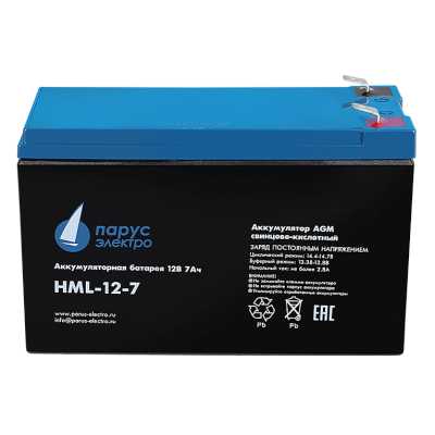 Battery Parus Electro, professional series HML-12-7, voltage 12V, capacity 7.2Ah (discharge 20 hours), max. discharge current (5sec) 140A, max. charge current 2.8A, lead-acid type AGM, terminals F2, LxWxH 151x65x94mm., total height with terminals 101mm., 