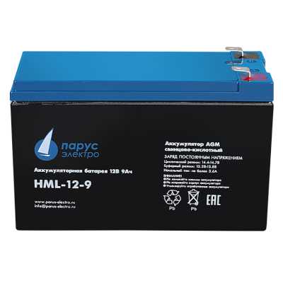 Battery Parus Electro, professional series HML-12-9, voltage 12V, capacity 9Ah (discharge 20 hours), max. discharge current (5sec) 135A, max. charge current 3.6A, lead-acid type AGM, terminals F2, LxWxH 151x65x94mm., total height with terminals 101mm., we