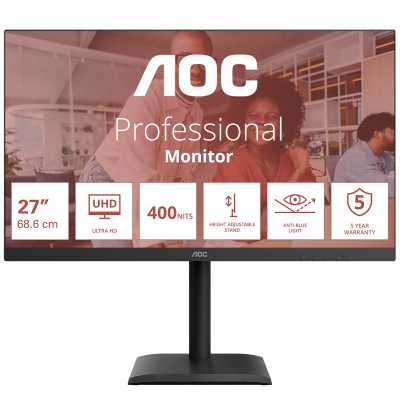 Монитор 27" AOC U27E4CV IPS 3840x2160, 60 Гц, 4 мс, 16:9, 400 кд/м², 2xHDMI 2.0, DP 1.4, DP Out, USB-C (90 Вт), USB Hub (4x USB 3.2), RJ45, 3.5 Jack, динамики (2x2 Вт), HDR Ready, Adaptive-Sync, VESA 100x100, черный