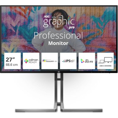 Монитор 27" AOC U27U3CV Nano IPS 3840x2160, 60 Гц (75 Гц макс.), 4 мс, 16:9, 400 кд/м², 2×HDMI 2.0, DP 1.4, USB-C (96 Вт PD), USB Hub (4×USB 3.2 Gen2 + 1×USB-C), RJ-45, 3.5 Jack, динамики (2×3 Вт), DisplayHDR 400, Adaptive-Sync, KVM, черный