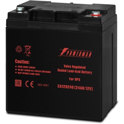 Батарея для ИБП Powerman Battery CA12240, напряжение 12В, емкость 24Ач, макс. ток разряда 360А, макс. ток заряда 7.2А, свинцово-кислотная типа AGM, тип клемм M1, Д/Ш/В 166/126/174, 8.4 кг. Battery POWERMAN Battery CA12240, voltage 12V, capacity 24Ah, max.