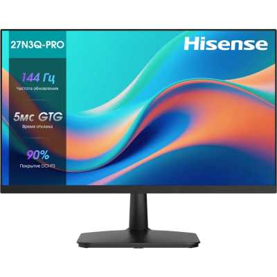 Монитор 27" Hisense 27N3Q-PRO IPS 1920x1080, 144 Гц, 5 мс, 16:9, 250 кд/м², HDMI 1.4, DP, VGA, 3.5 Jack, динамики (2x2 Вт), Adaptive-Sync, черный