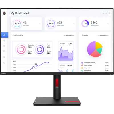 Монитор 31.5" Lenovo T32p-30 IPS 3840x2160, 60 Гц, 4 мс, 16:9, 350 кд/м², HDMI 2.1, DP 1.4, USB-C (90 Вт PD), USB Hub (4×USB 3.2 Gen1), RJ-45, 3.5 Jack, HDR10, черный