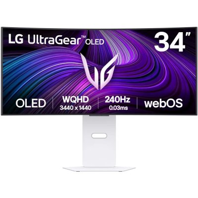 Монитор 34" LG UltraGear 34GX90SA-W OLED 3440x1440, 240 Гц, 0.03 мс, 21:9, 1300 кд/м² (пиковая), 2×HDMI 2.1, DP 1.4, USB-C (65 Вт PD), USB Hub, 3.5 Jack, динамики (2×7 Вт), DisplayHDR True Black 400, FreeSync Premium, G-Sync Compatible, изогнутый (800R), 