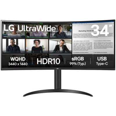 Монитор 34" LG UltraWide 34WR55QK-B VA 3440x1440, 100 Гц, 5 мс, 21:9, 300 кд/м², DP 1.4, 2xHDMI 2.0, USB Type-C, USB Hub, изогнутый экран (1800R), черный