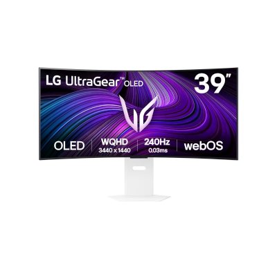 Монитор 39" LG UltraGear 39GX90SA-W OLED 3440x1440, 240 Гц, 0.03 мс, 21:9, 1300 кд/м² (пиковая), 2×HDMI 2.1, DP 1.4, USB-C (65 Вт PD), 3.5 Jack, динамики (2×7 Вт), DisplayHDR True Black 400, FreeSync Premium, G-Sync Compatible, изогнутый (800R), белый