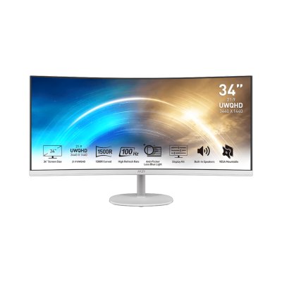 Монитор 34" MSI Pro MP341CQW VA 3440x1440, 100 Гц, 1 мс, 21:9, 300 кд/м2, 2xHDMI, 1xDP, изогнутый, белый