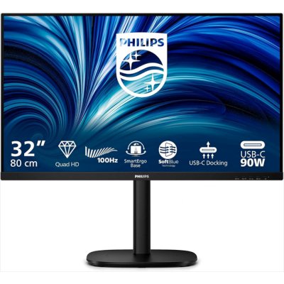 Монитор 31,5" Philips 32B2U3601 2560x1440, WLED, 16:9, IPS, 350cd, 1500:1, 50М:1, 4ms, 178/178, HDMI, DP,USB-hub 4хUSB 3.2, USB-C(PD90W), RJ45, 100Hz, Speakers, Tilt, HAS, Swivel, Pivot, Internal, VESA, Black