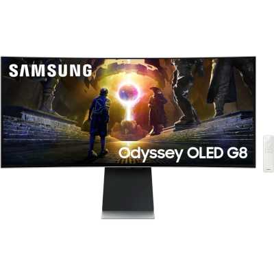 Монитор 34" Samsung Odyssey G8 S34DG852SI OLED 3440x1440, 175 Гц, 0.03 мс, 21:9, 250 кд/м², 2xHDMI 2.1, DP 1.4, USB Hub (2x USB), динамики (2x5 Вт), FreeSync, G-Sync, HDR10, изогнутый экран (1800R), серебристый