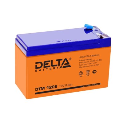 Battery DELTA series DTM, DTM 1209, voltage 12V, capacity 9Ah (discharge 20 hours), max. discharge current (5 sec.) 105A, max. charge current 2.55A, lead-acid type AGM, terminals F2, LxWxH 151x65x94mm., weight 2.65kg., service life 6 years.