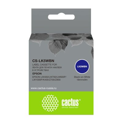 Картридж ленточный Cactus CS-LK5WBN черный шрифт, белый фон (18 мм, 9 м) для Epson LW300/LW400/LW700/LW600P/LW1000P