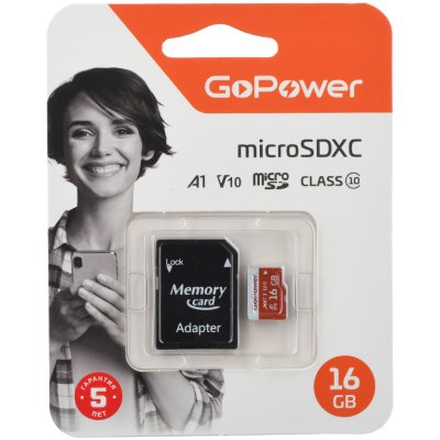 Карта памяти microSD GoPower 16GB Class10 UHS-I (U3) 80 МБ сек V10 с адаптером 00-00025678