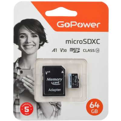 Карта памяти microSD GoPower 64GB Class10 70 МБ сек V30 с адаптером 00-00025676