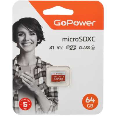 Карта памяти microSD GoPower 64GB Class10 UHS-I (U3) 100 МБ сек V30 без адаптера 00-00025681