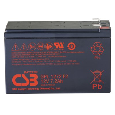 Батарея CSB серия GP, GPL1272 F2 FR, напряжение 12В, емкость 7.2Ач (разряд 20 часов), макс. ток разряда (5 сек.) 130А, ток короткого замыкания 265А, макс. ток заряда 2.16A, свинцово-кислотная типа AGM, клеммы F2, ДxШxВ 150.9x64.8x98.6мм., вес 2.6кг., срок