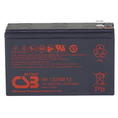 Батарея CSB серия HR, HR1224W F2 F1, напряжение 12В, емкость 6Ач (разряд 20 часов), 24 Вт/Эл при 15-мин. разряде до U кон. - 1.67 В/Эл при 25 °С, макс. ток разряда (5 сек.) 130А, ток короткого замыкания 260А, макс. ток заряда 2.4A, свинцово-кислотная типа