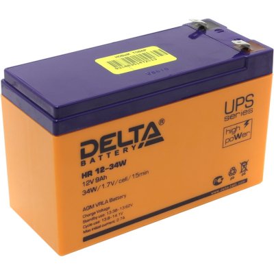Battery DELTA series HR-W, HR 12-34 W, voltage 12V, capacity 9Ah (discharge 20 hours), max. discharge current (5 sec.) 160A, max. charge current 2.7A, lead-acid type AGM, terminals F2, LxWxH 151x65x94mm., weight 2.62kg., service life 8 years.