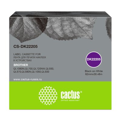 Картридж ленточный Cactus CS-DK22205 DK-22205 черный на белом 62x30.48 для Brother P-touch QL-500, QL-550, QL-700, QL-800