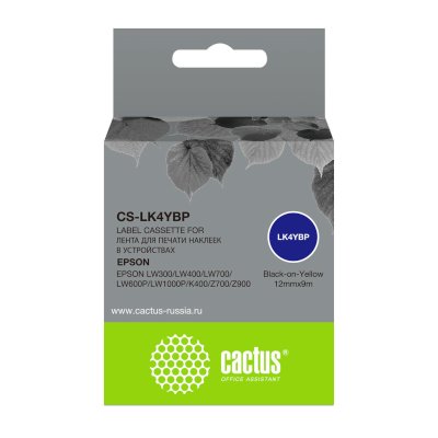 Картридж ленточный Cactus CS-LK4YBP LK-4YBP черный на желтом 12x9 для Epson LW300/LW400/LW700/LW600P/LW1000P/K400/Z700/Z900