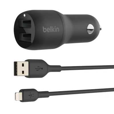 Автомобильное зарядное устройство в прикуриватель Belkin BoostCharge 24W Dual USB-A Car Charger с USB-A-Lightning кабелем. Цвет: черный