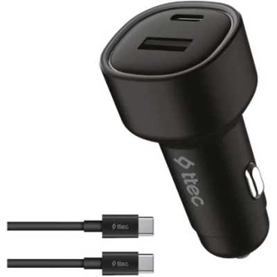 Автомобильное зарядное устройство TTEC SmartCharger Duo PD 48W Car Fast Charger USB-C+USB-A с кабелем USB-C-USB-C 3A. Цвет: черный